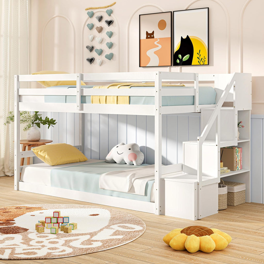 White Twin Over Twin Solid Wood Bunk Bed with Stairs O832