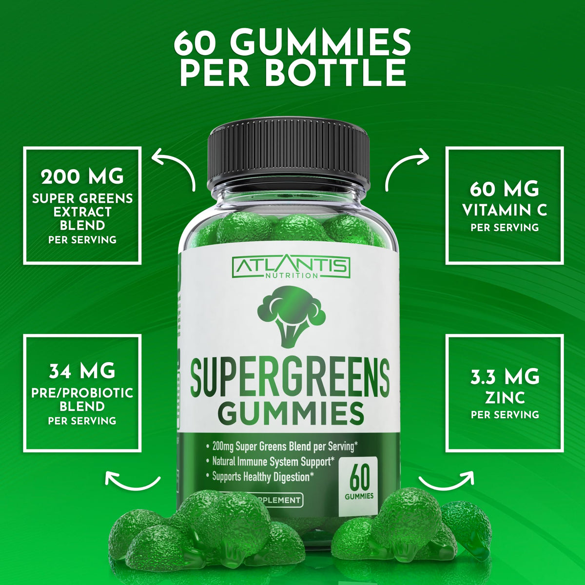 Supergreens Gummies Supplement with Spinach, Broccoli, Moringa, Beet Root, Celery, Green Tea, & Acai, Natural Raspberry Flavor, 60 cnt Y907663