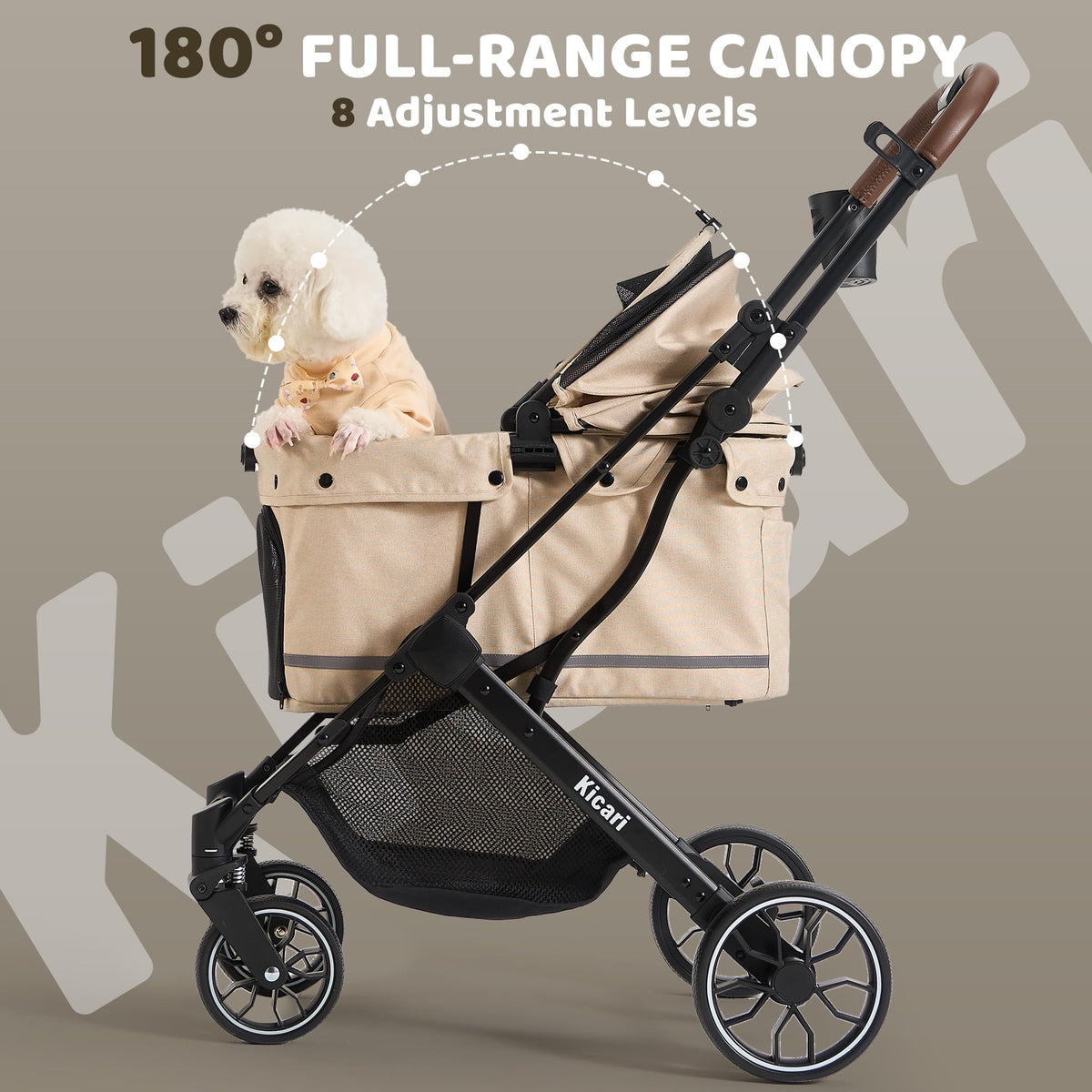 All-Terrain Dog Stroller, One-Hand Fold, Anti-UV Waterproof Canopy, Vanilla Beige O7552