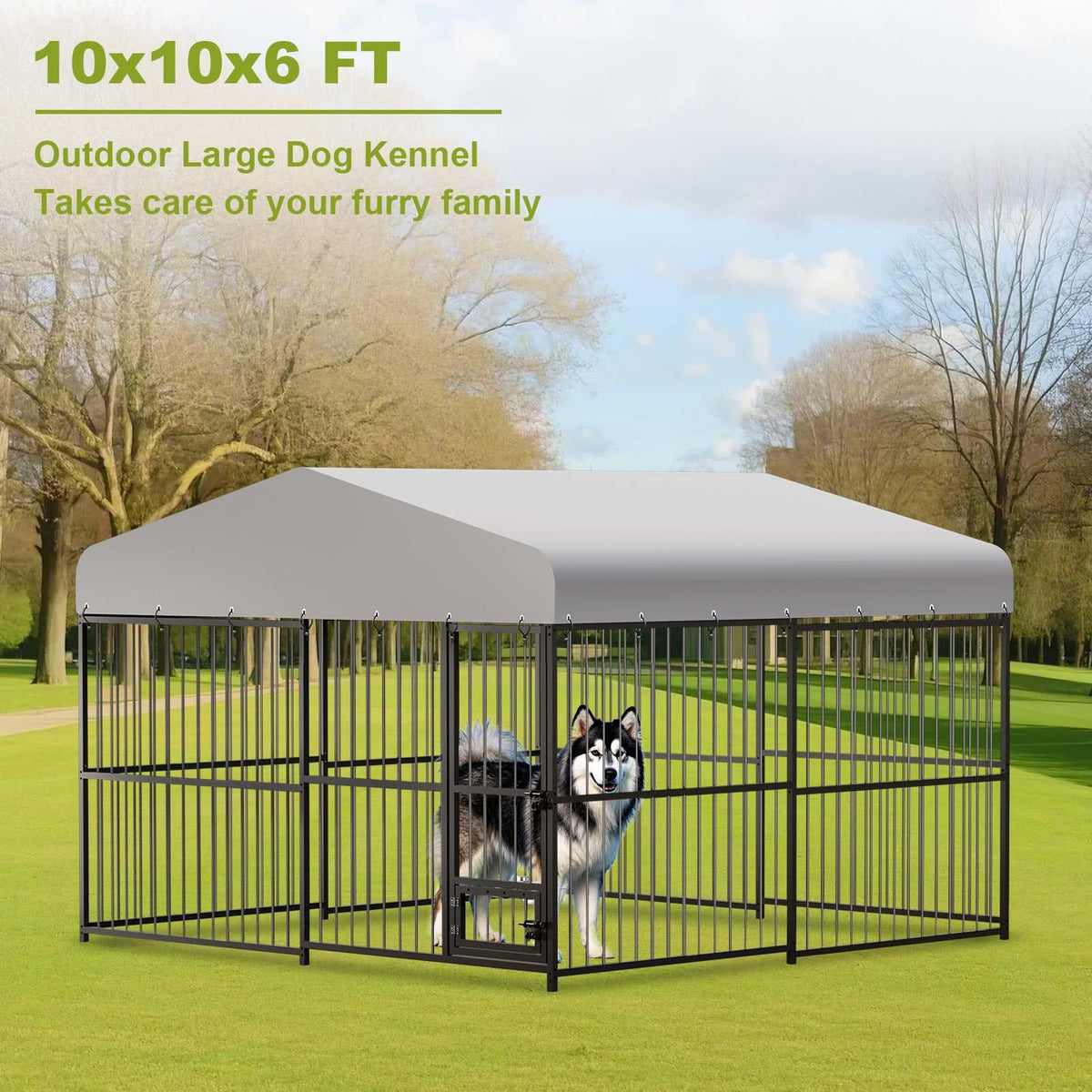 10 x 10FT Heavy Duty Metal Outdoor Dog Kennel with Roof T412