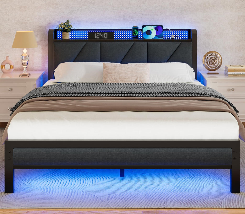 Full Size Bed Frame with Storage Shelf and Upholstered Headboard X81006