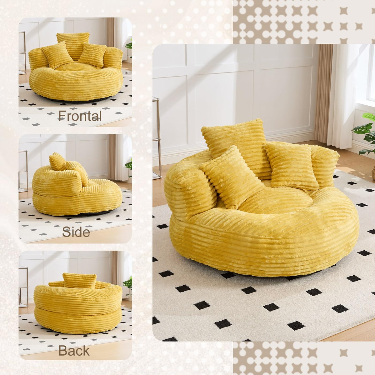 Oversized Corduroy Bean Bag Chair with 3 Pillows X76696