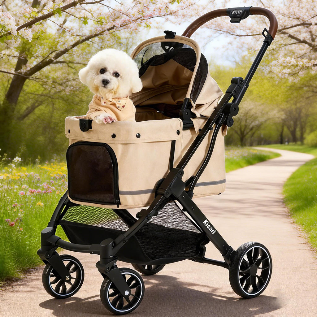 All-Terrain Dog Stroller, One-Hand Fold, Anti-UV Waterproof Canopy, Vanilla Beige O7552