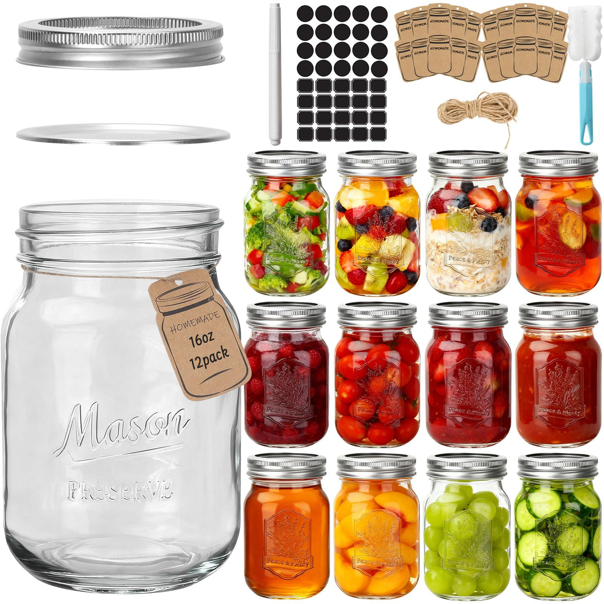 16oz 12 Pack Mason Jars with Airtight Lids N9533