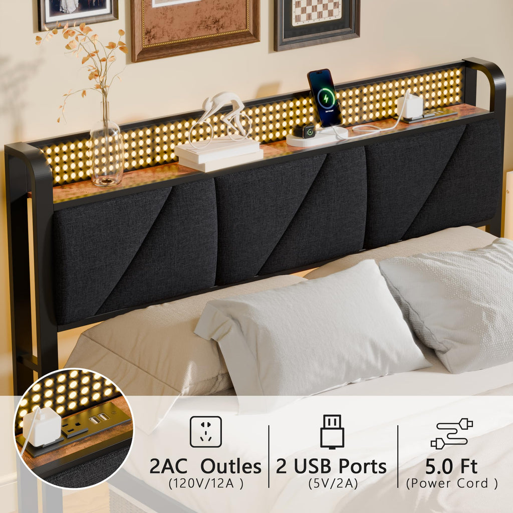 Full Size Bed Frame with Storage Shelf and Upholstered Headboard X81006