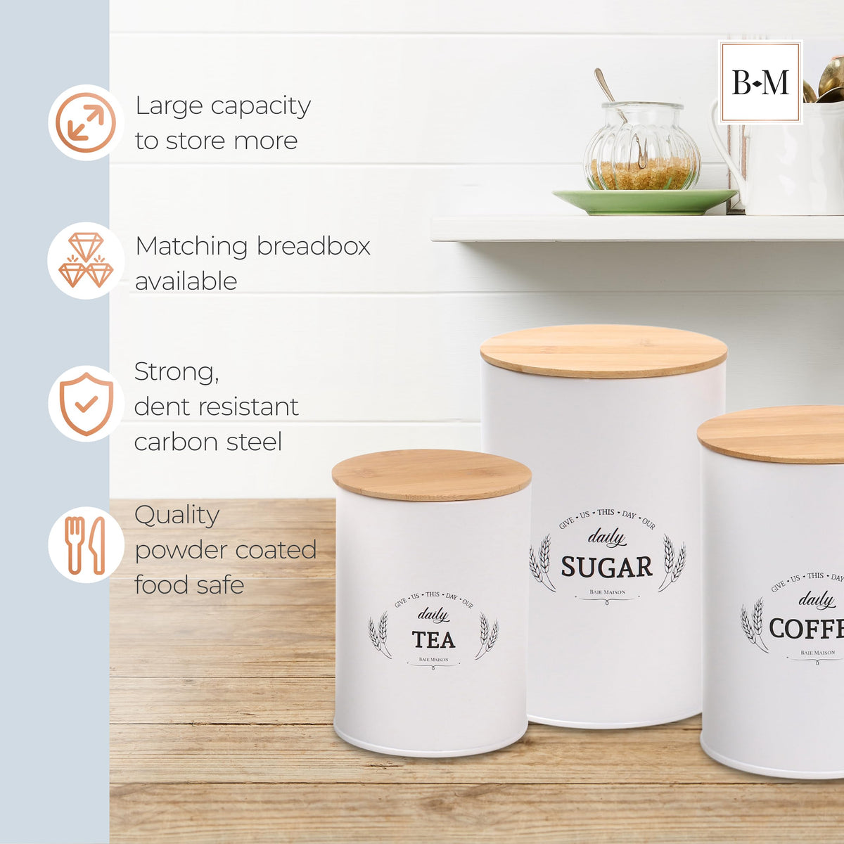 Extra Large White Farmhouse Bread Box with Canisters Set of 3 J7097