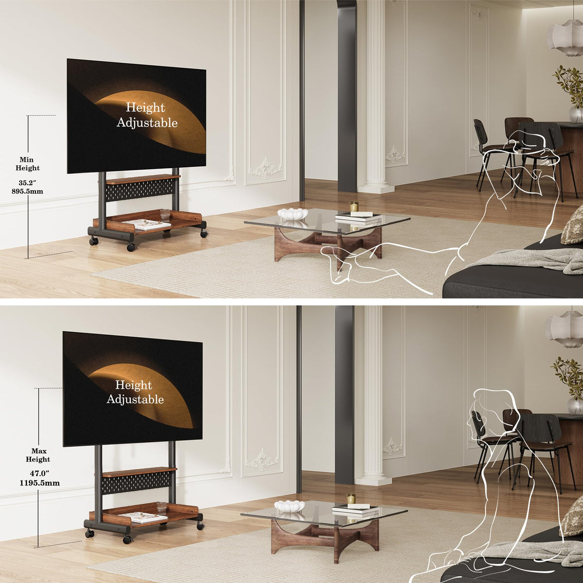 Rolling TV Stand Mount with Wooden Shelf P6196