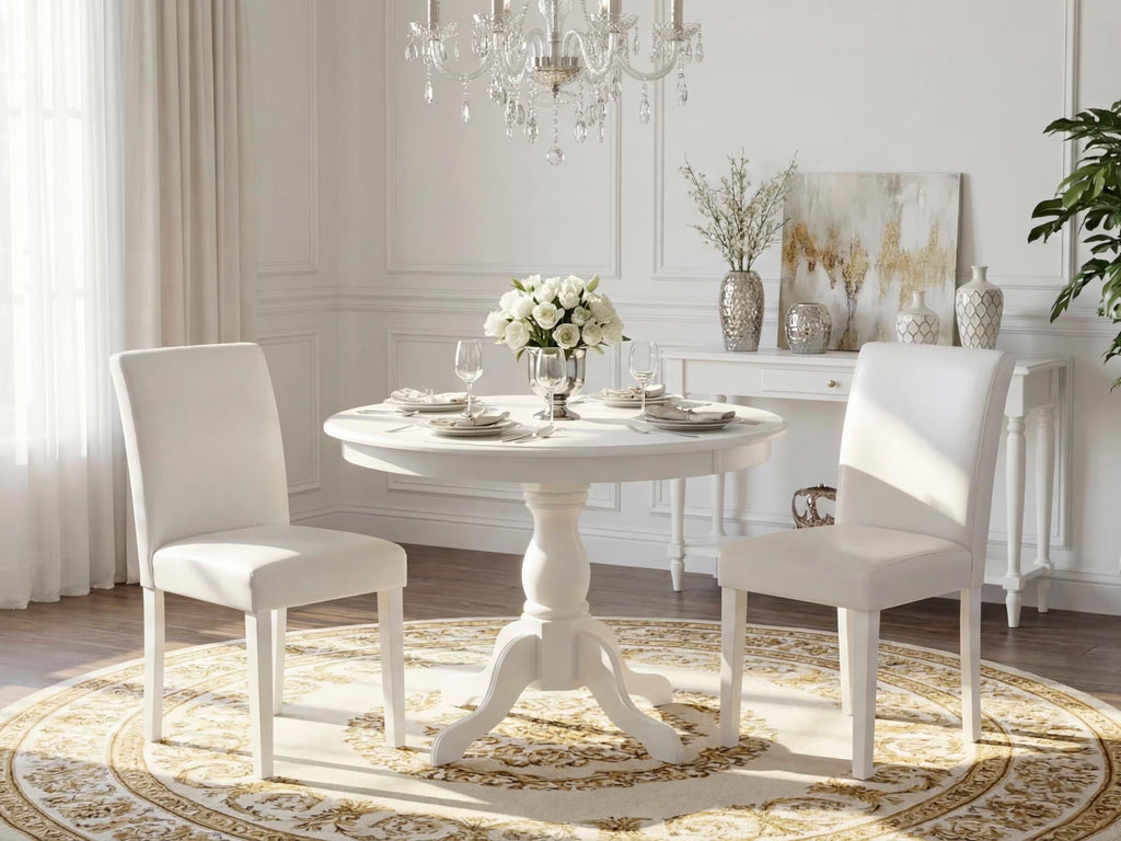 3 Piece Round Dining Table Set with 2 White Faux Leather Chairs O82076