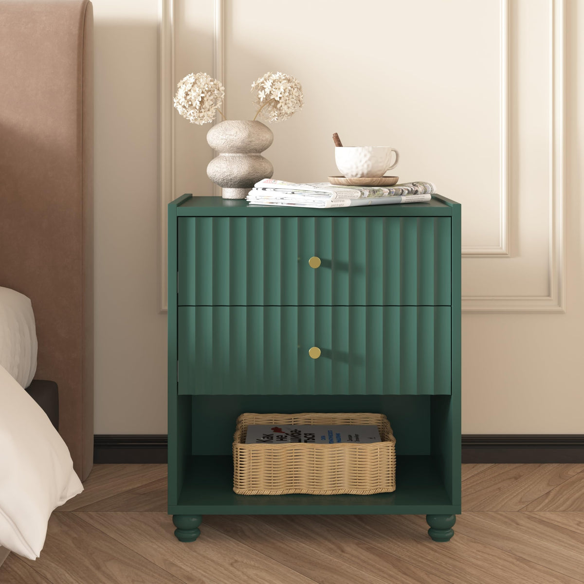 Green 2 Drawer Nightstand with Open Shelf T177
