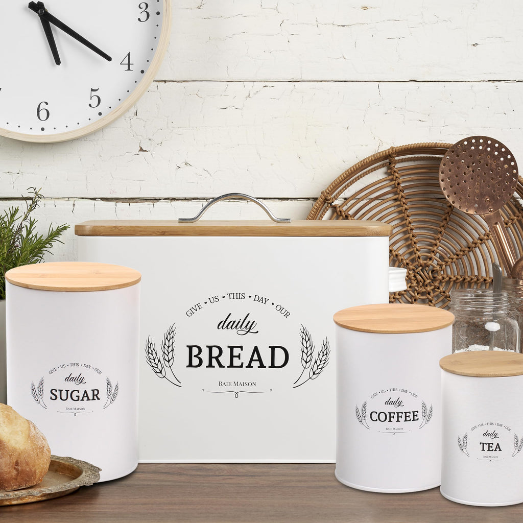 Extra Large White Farmhouse Bread Box with Canisters Set of 3 J7097
