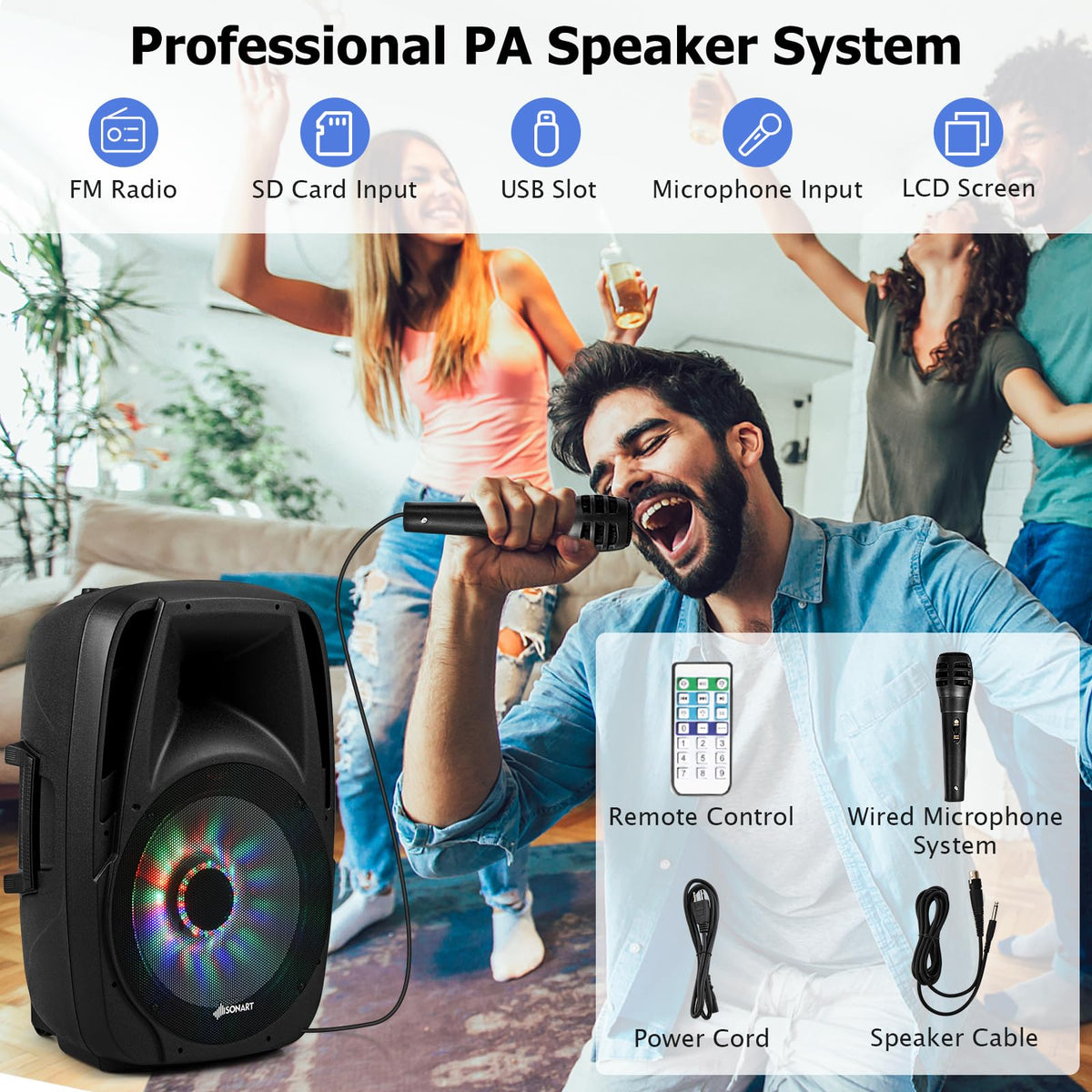 Portable 15" 1500W 2-Way Bluetooth PA Speaker System Set with Stand B9478
