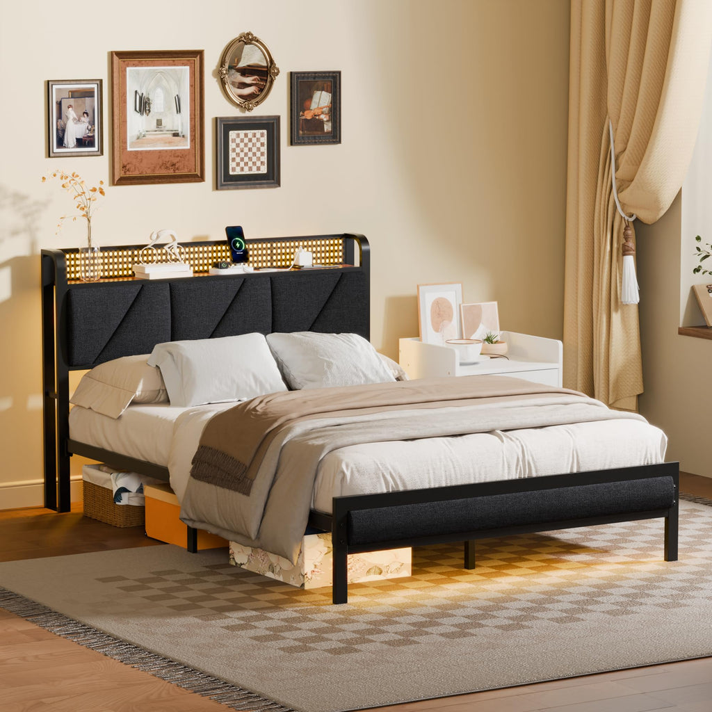 Full Size Bed Frame with Storage Shelf and Upholstered Headboard X81006