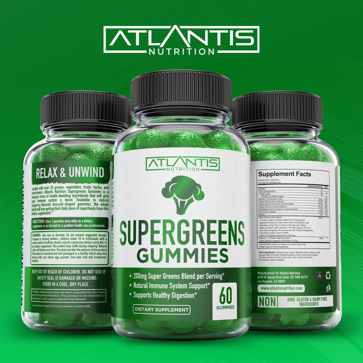 Supergreens Gummies Supplement with Spinach, Broccoli, Moringa, Beet Root, Celery, Green Tea, & Acai, Natural Raspberry Flavor, 60 cnt Y907663