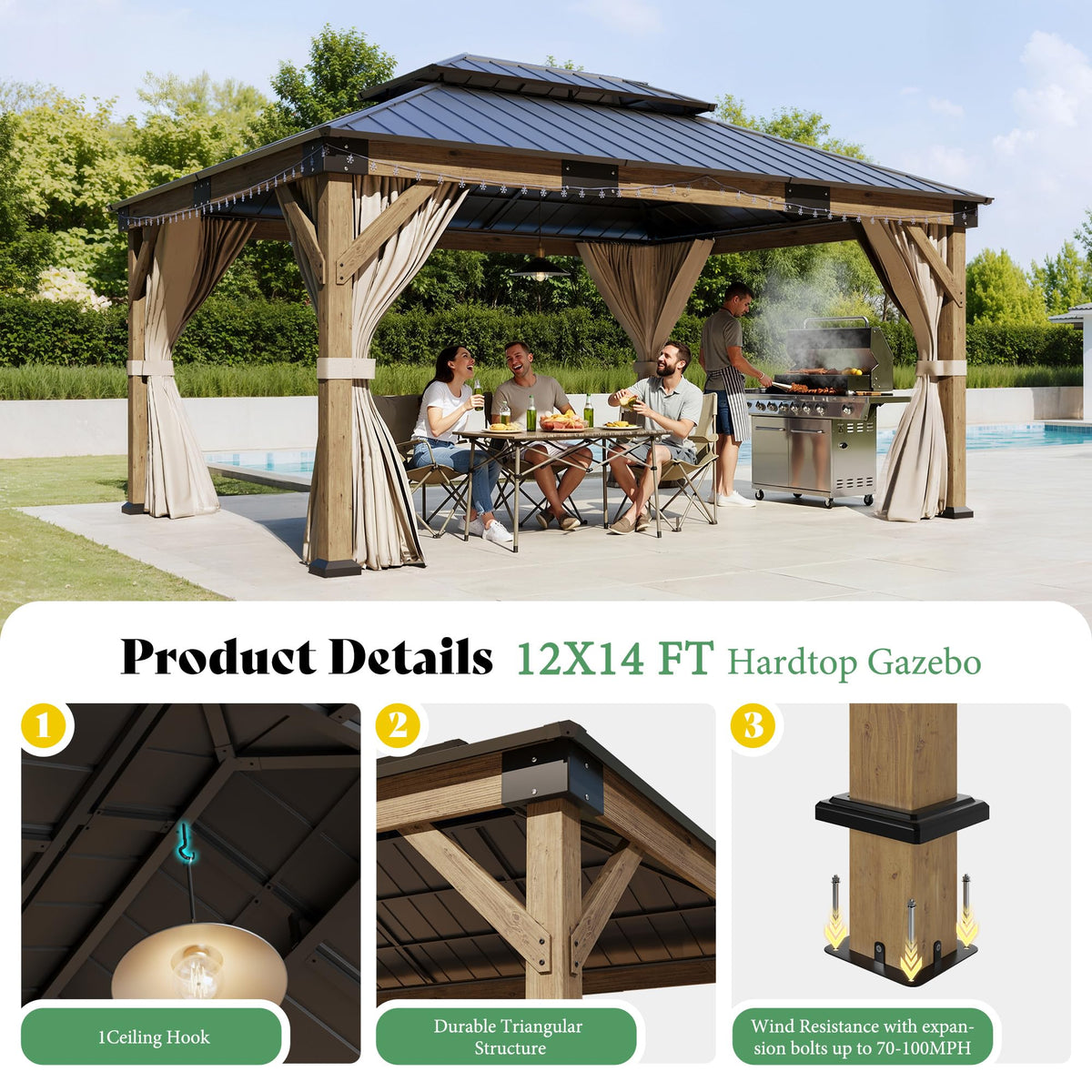 12x14FT Hardtop Gazebo with Double Roof, Privacy Curtain & Netting S918394