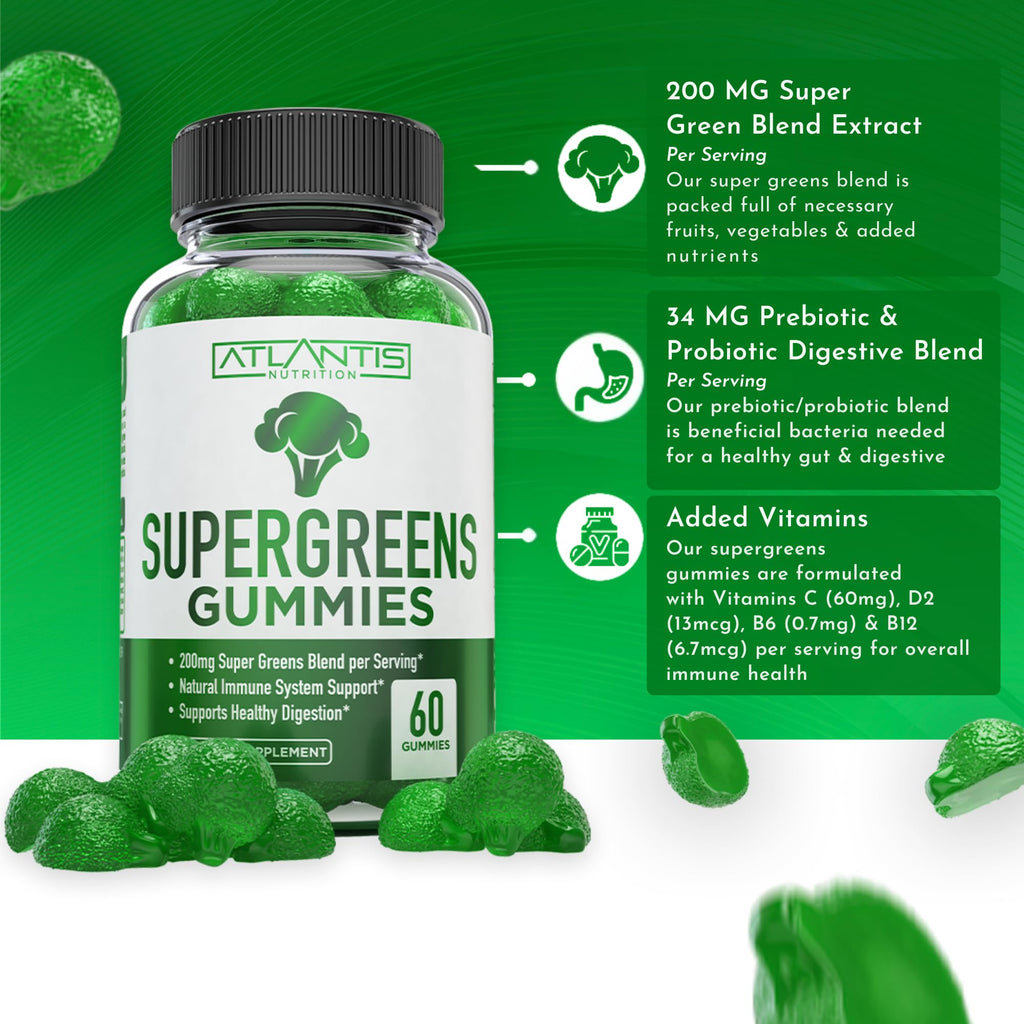 Supergreens Gummies Supplement with Spinach, Broccoli, Moringa, Beet Root, Celery, Green Tea, & Acai, Natural Raspberry Flavor, 60 cnt Y907663