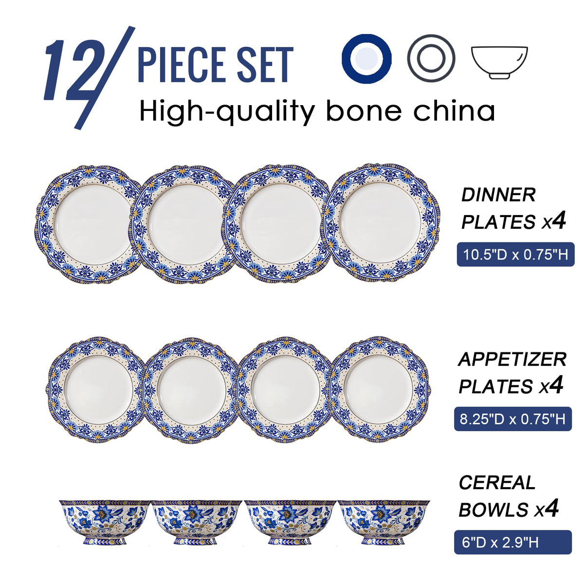 Bone China Tea Set for 6, 12 Pieces Blue and White A337532