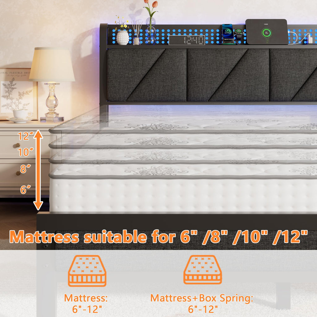 Full Size Bed Frame with Storage Shelf and Upholstered Headboard X81006