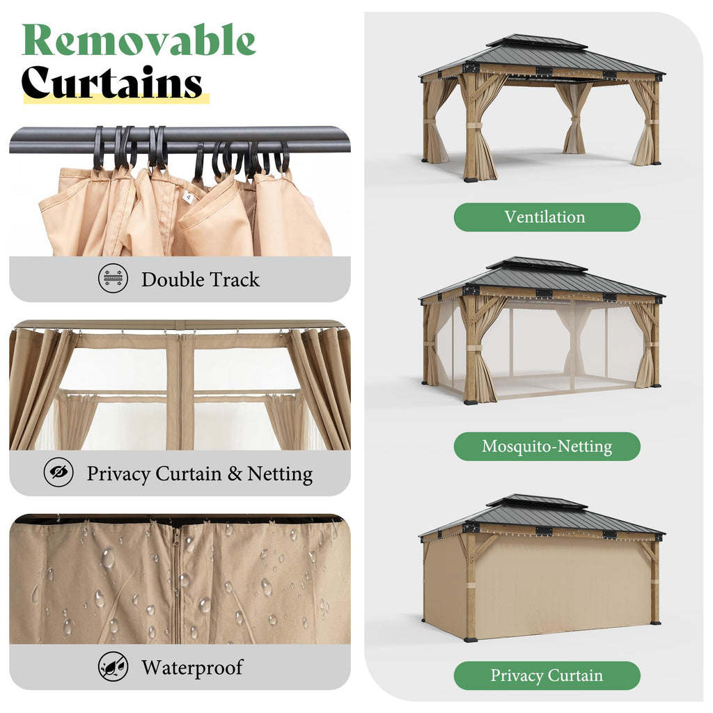 12x14FT Hardtop Gazebo with Double Roof, Privacy Curtain & Netting S918394