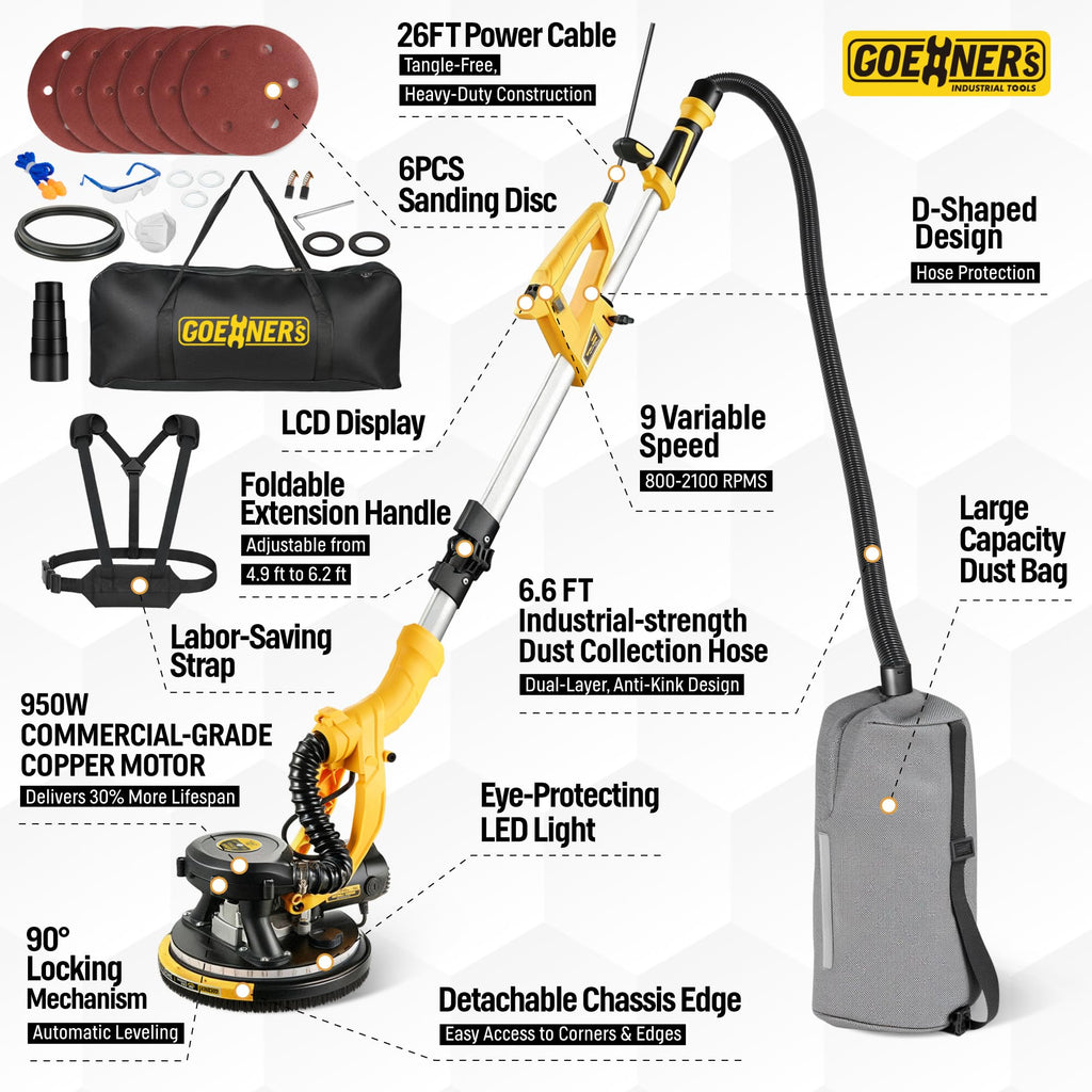 950W Electric Drywall Sander with Vacuum Dust Collector K2638