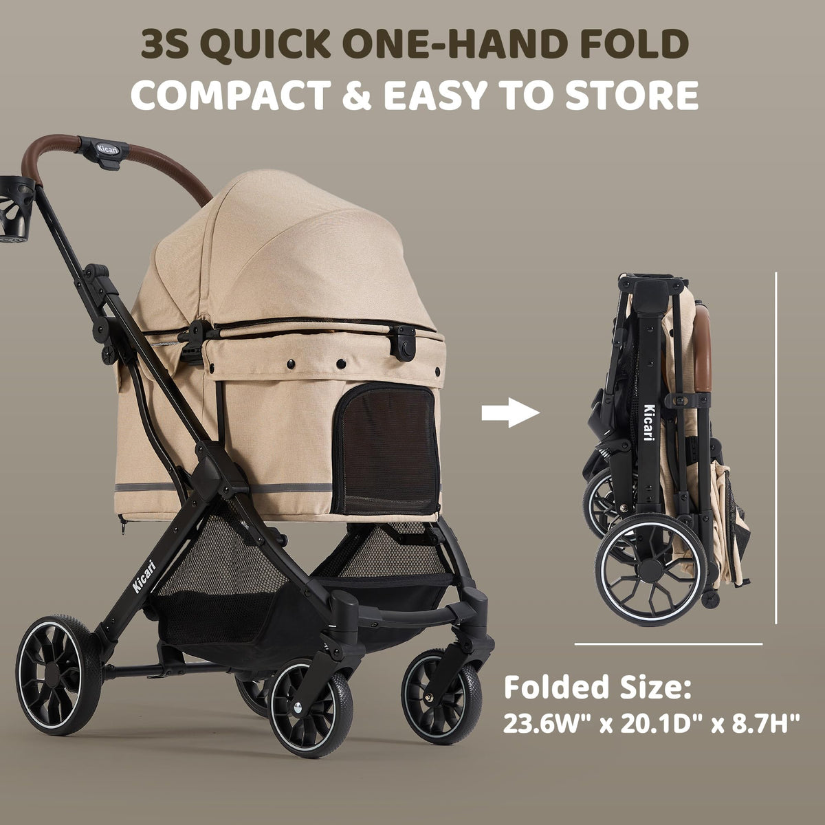 All-Terrain Dog Stroller, One-Hand Fold, Anti-UV Waterproof Canopy, Vanilla Beige O7552