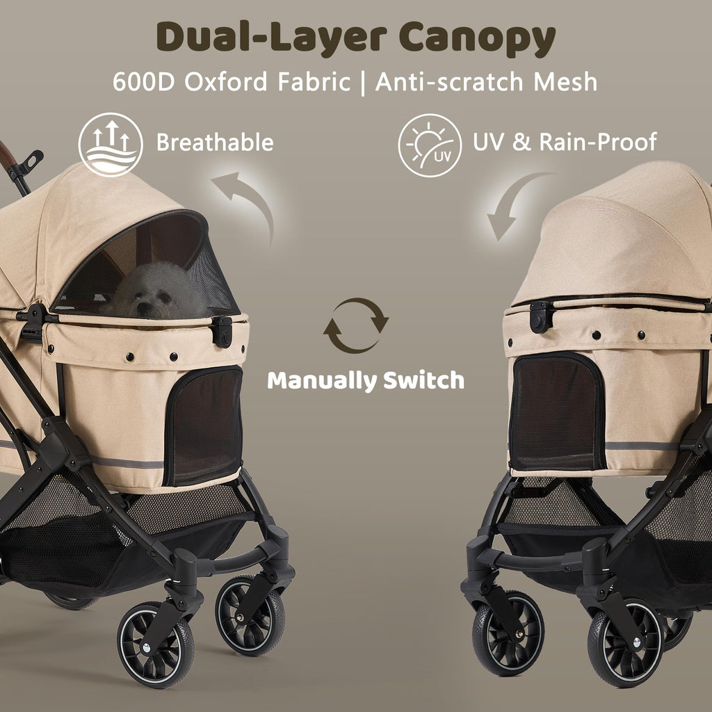 All-Terrain Dog Stroller, One-Hand Fold, Anti-UV Waterproof Canopy, Vanilla Beige O7552