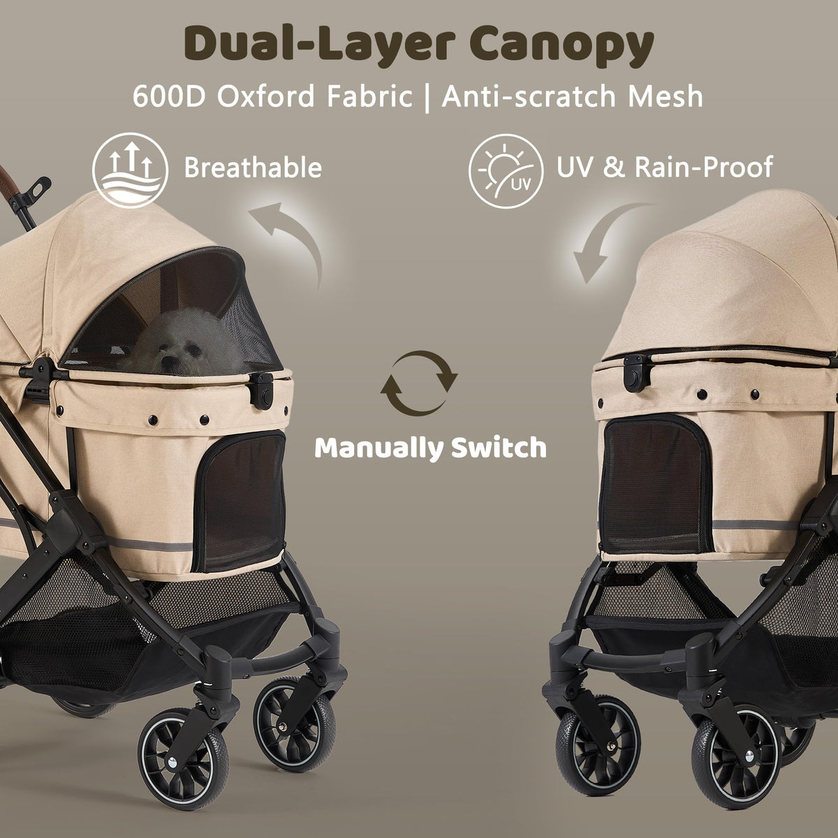 All-Terrain Dog Stroller, One-Hand Fold, Anti-UV Waterproof Canopy, Vanilla Beige O7552