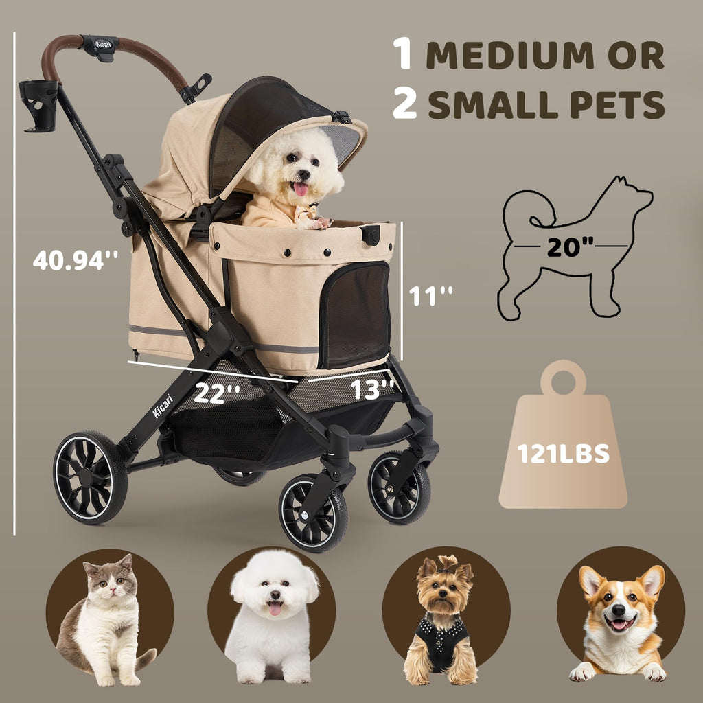 All-Terrain Dog Stroller, One-Hand Fold, Anti-UV Waterproof Canopy, Vanilla Beige O7552