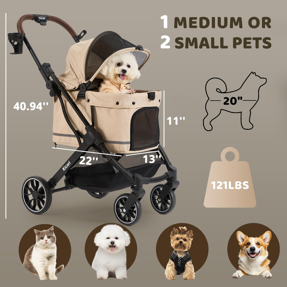All-Terrain Dog Stroller, One-Hand Fold, Anti-UV Waterproof Canopy, Vanilla Beige O7552