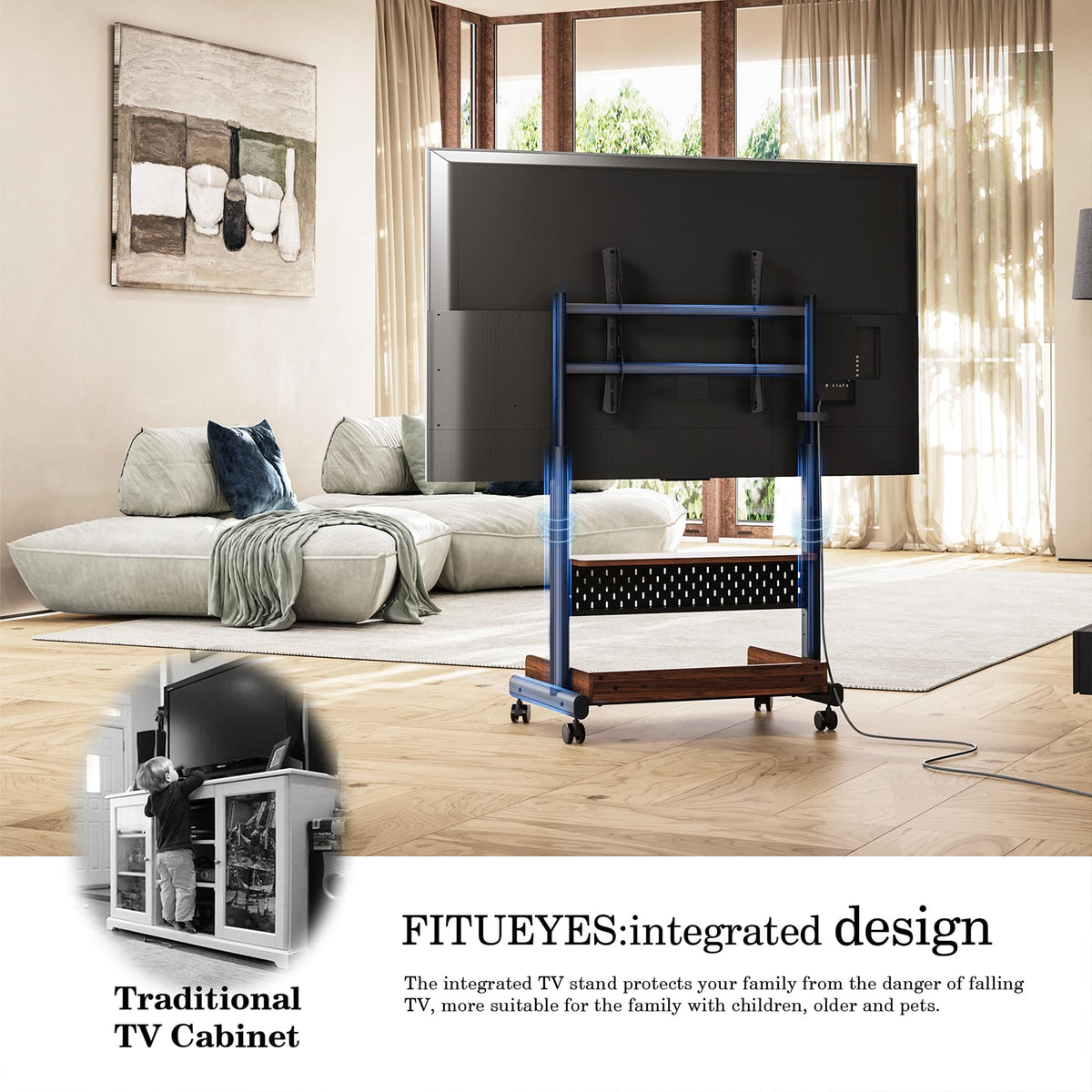 Rolling TV Stand Mount with Wooden Shelf P6196