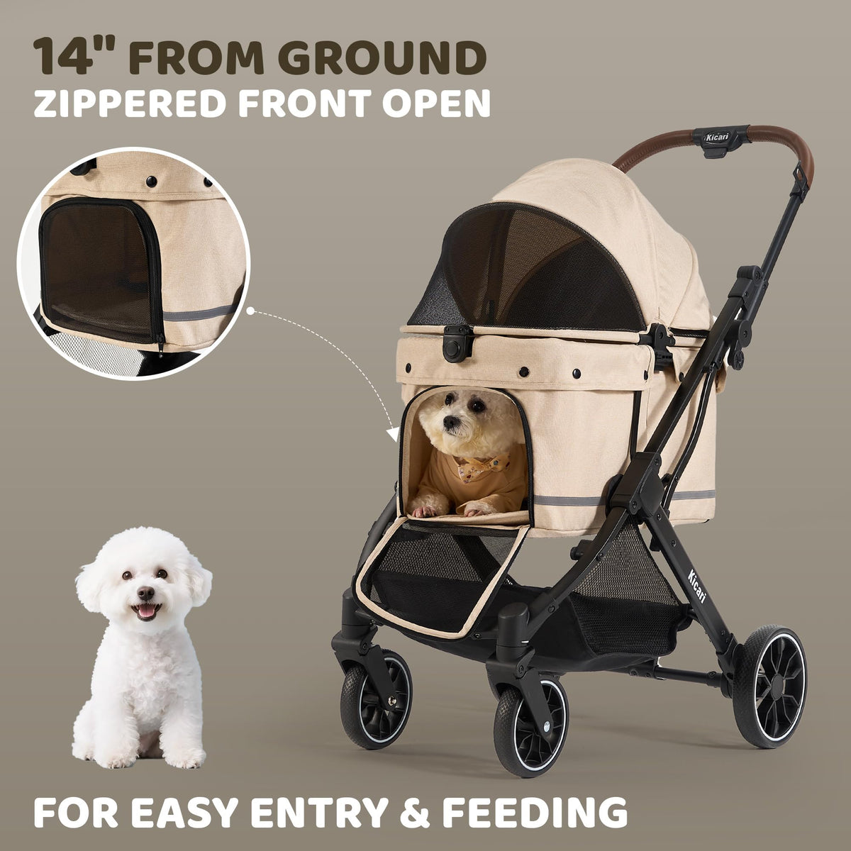 All-Terrain Dog Stroller, One-Hand Fold, Anti-UV Waterproof Canopy, Vanilla Beige O7552