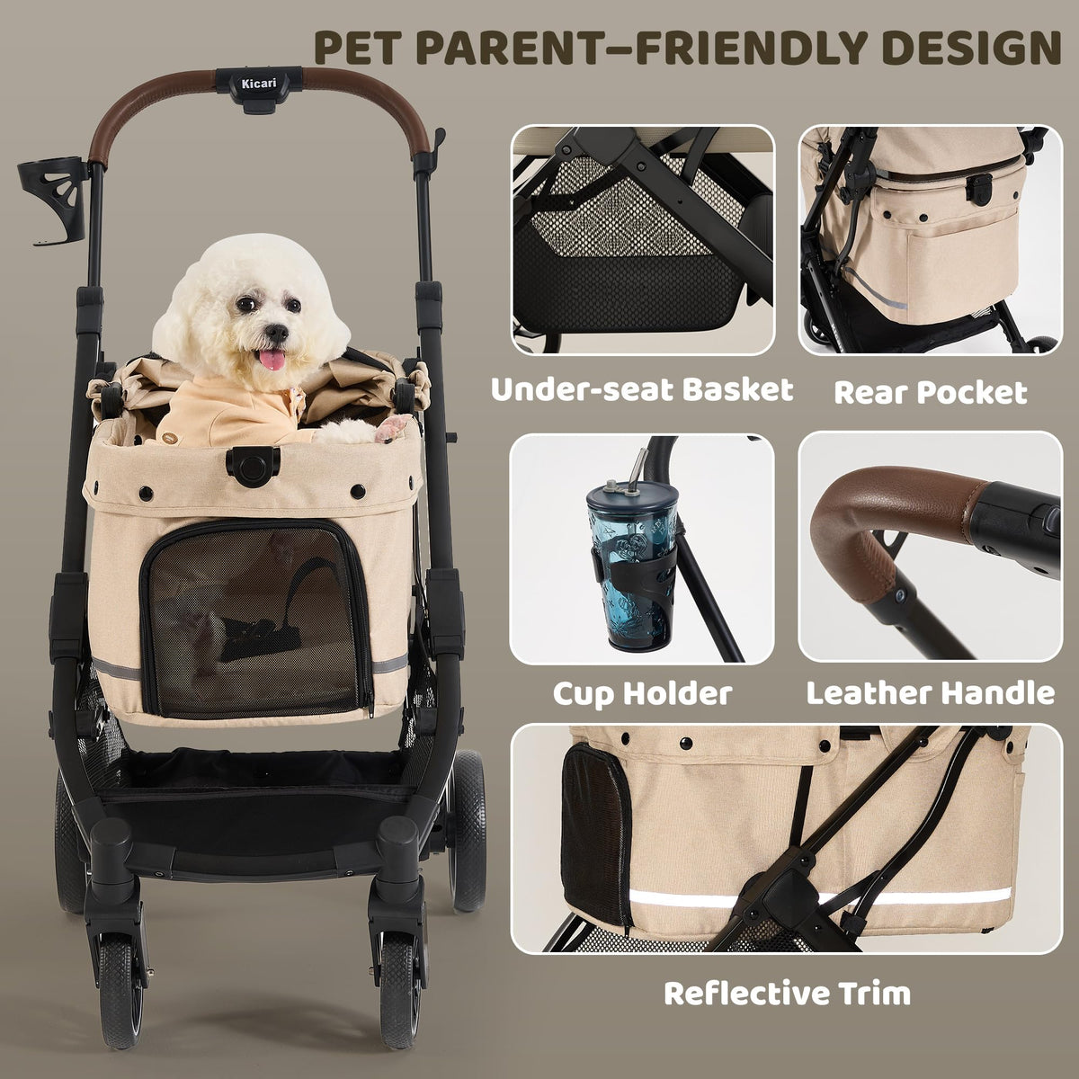 All-Terrain Dog Stroller, One-Hand Fold, Anti-UV Waterproof Canopy, Vanilla Beige O7552