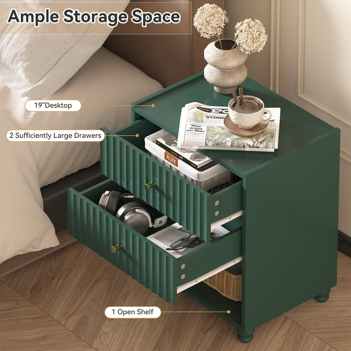 Green 2 Drawer Nightstand with Open Shelf T177