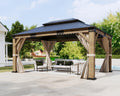 12x14FT Hardtop Gazebo with Double Roof, Privacy Curtain & Netting S918394