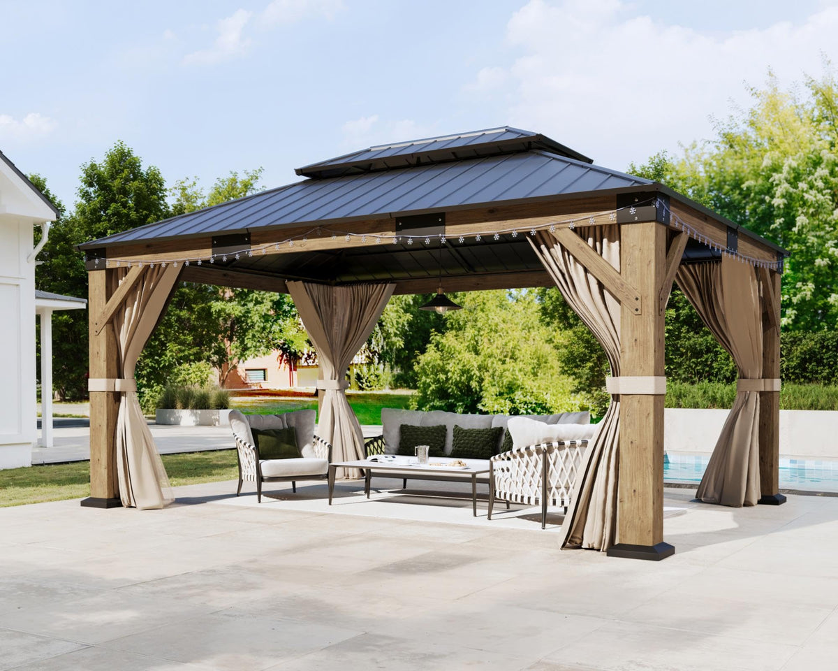 12x14FT Hardtop Gazebo with Double Roof, Privacy Curtain & Netting S918394