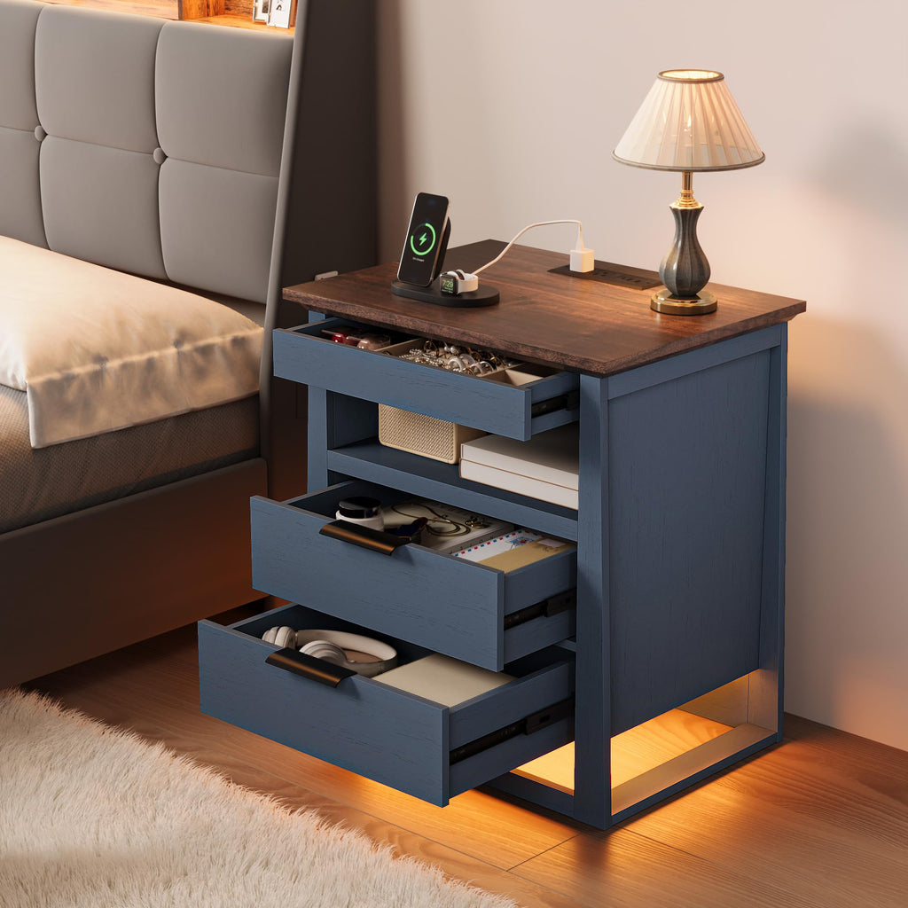 3 Drawer Nightstand with Charging Station and LED Lights Q353