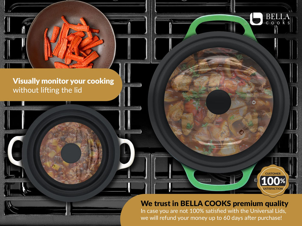 Universal Lids for Pots, Pans & Skillets 2set Frying Pan Cover Fits 7", 8" 9" & 10", 11", 12" Diameter Cookware, 2 Cotton Rags, Tempered Glass with High Heat Resistant Silicone Rim Dishwasher Safe Z217