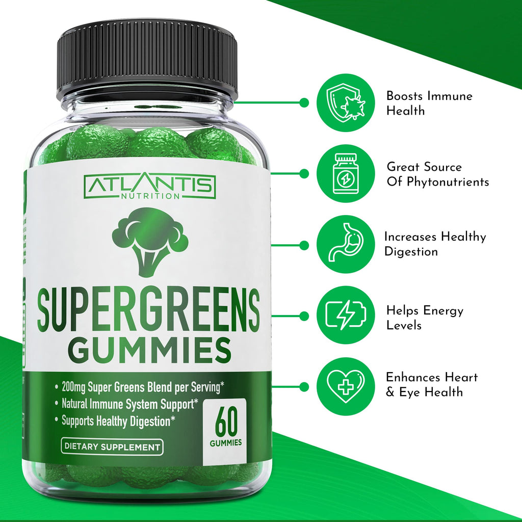 Supergreens Gummies Supplement with Spinach, Broccoli, Moringa, Beet Root, Celery, Green Tea, & Acai, Natural Raspberry Flavor, 60 cnt Y907663