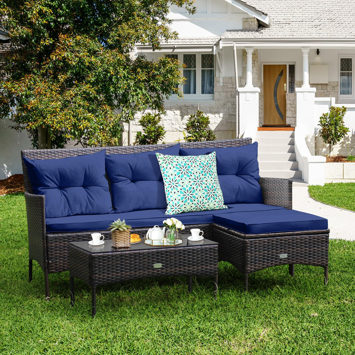 3 Pieces PE Rattan Wicker Patio Conversation Set with Cushions X261