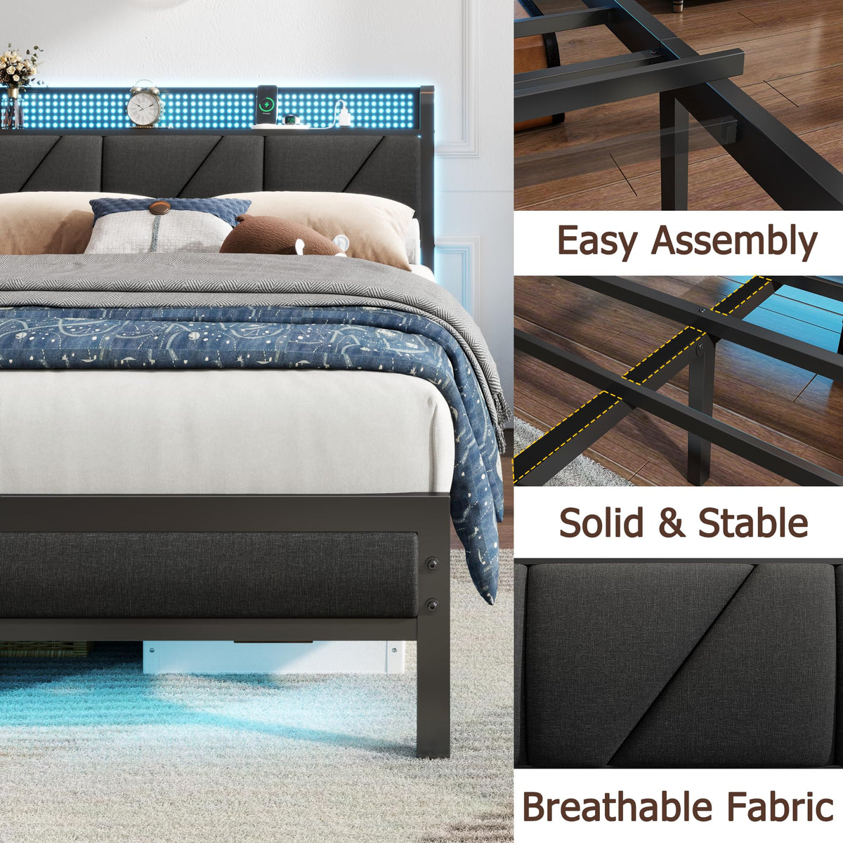 Full Size Bed Frame with Storage Shelf and Upholstered Headboard X81006
